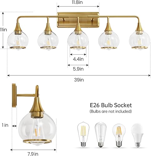 Miniatura 2 de Lámpara dorada para tocador de baño, 5 luces, sobre espejo con pantalla de vidrio transparente, aplique de pared de 39.2 pulgadas (excluye bombilla