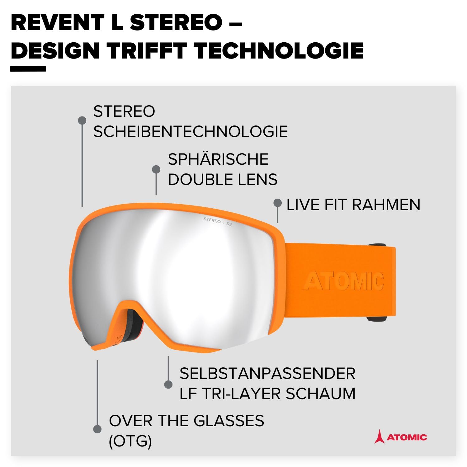 Salomon ATOMIC REVENT L STEREO Skibrille - Orange - Skibrillen mit Blendschutz - Hochwertig verspiegelte Snowboardbrille - Brille mit Live Fit Rahmen - Skibrille mit Doppelscheibe
