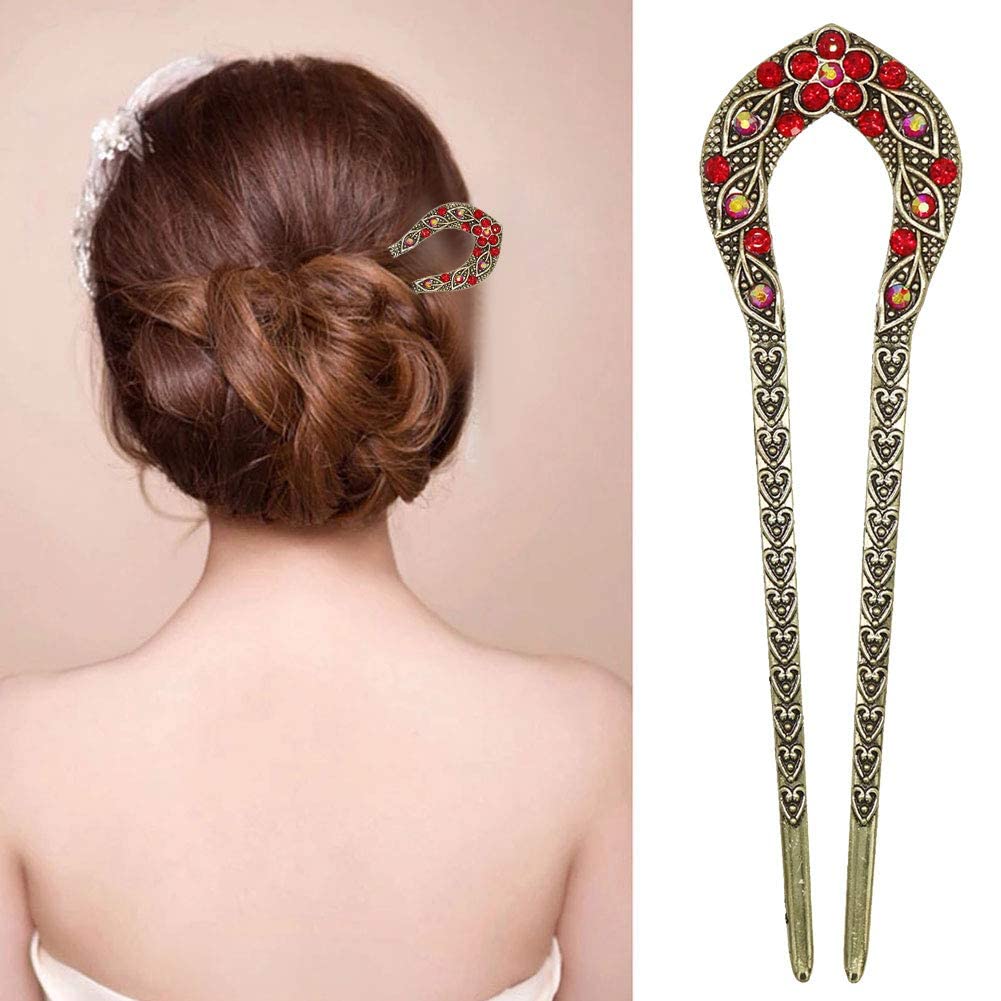ピンク ツインピン ヘアピン Buy 1 Pcs Vintage Hair Stick, Crystal Rhinestone Double Prong Hair