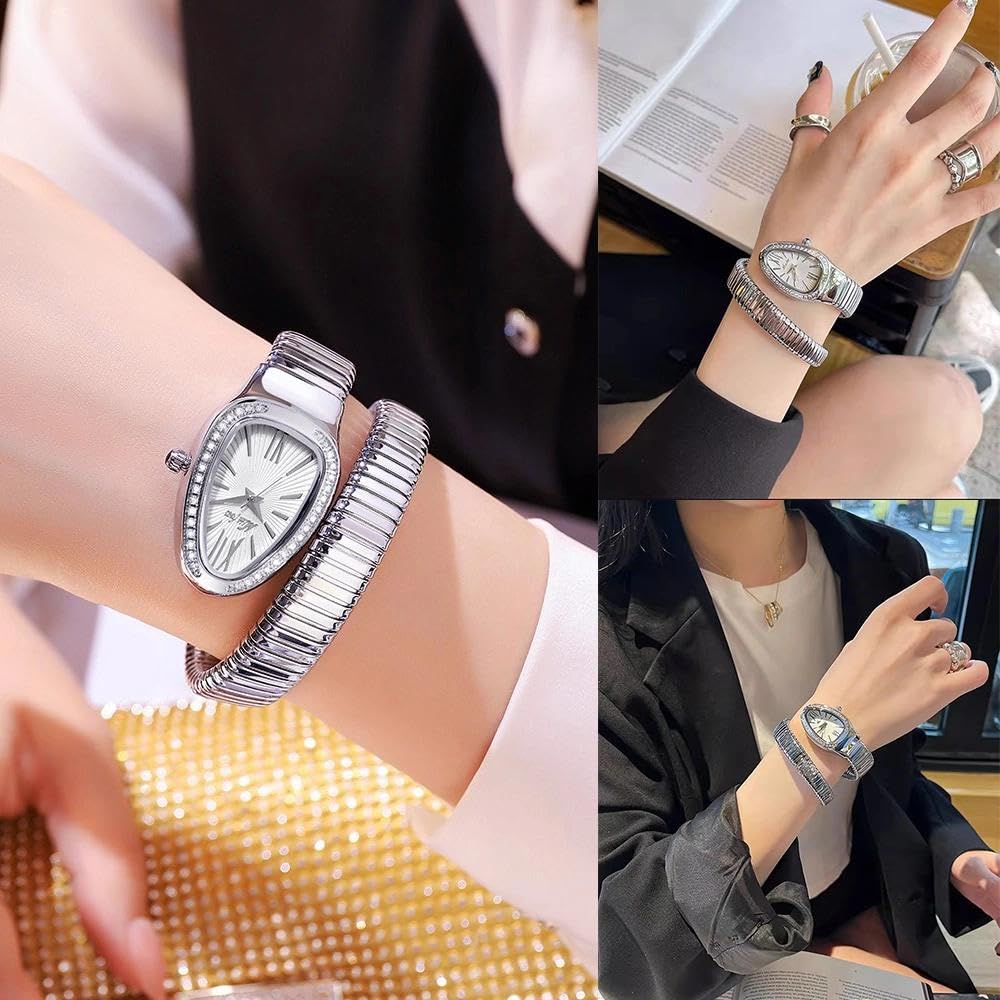 Orologio classico a forma di serpente da donna, oro e argento, cinturino scalabile, orologi al quarzo con diamanti brillanti