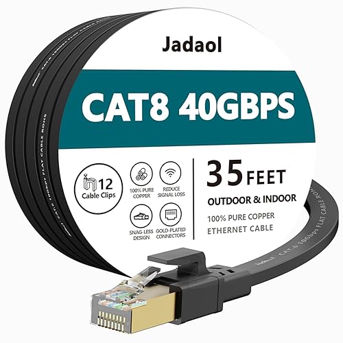 Miniatura 27 de Cable Ethernet Cat8, para exteriores e interiores, cable de red LAN Cat 8 de alta velocidad de 30 pies, cable de conexión de computadora plano RJ45