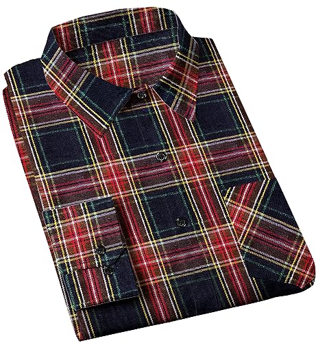 Cromoncent 100% Cotton Mens Flannel Shirts Long Sleeve Plaid Button Down Flannel Shirts for Mens, BlackRed，M