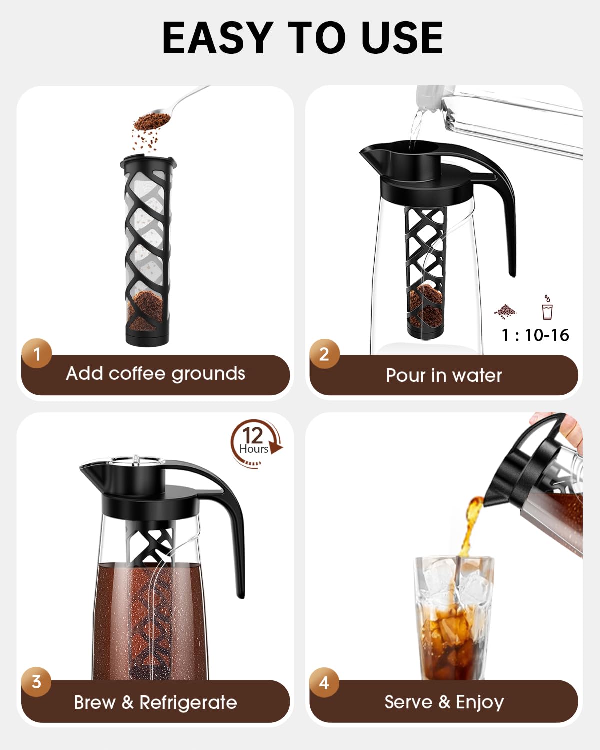 Cafetera fría de 70 onzas (71.0 fl oz), jarra Tritan sin BPA, cafetera helada y cafetera de té, 100% a prueba de fugas, filtro de malla reutilizable fácil de limpiar, color negro 5