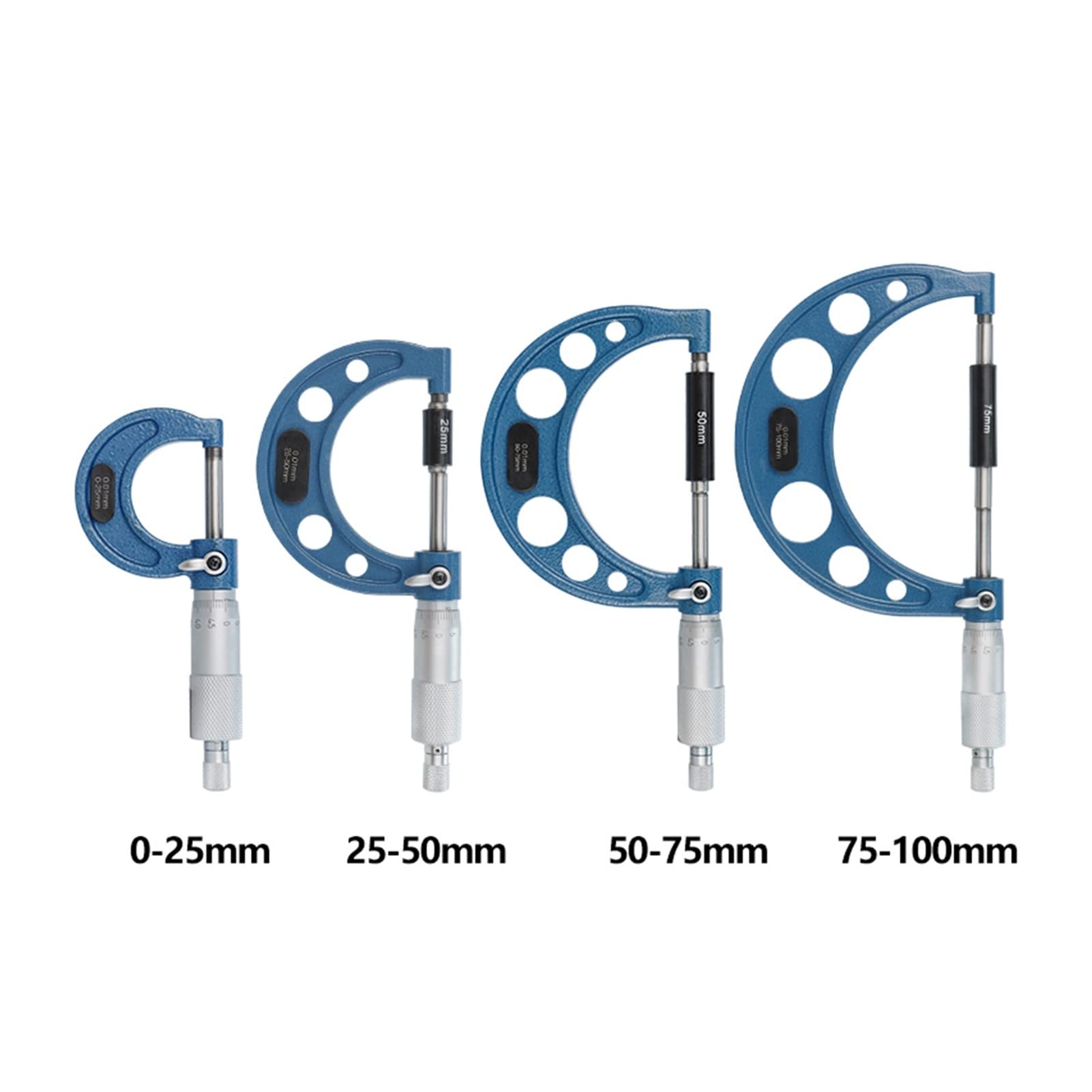 Set di micrometri per esterni, 0-100 mm, 4 pezzi, strumento di misurazione di precisione, 0,01 mm, per macchinisti, meccanici e ingegneri