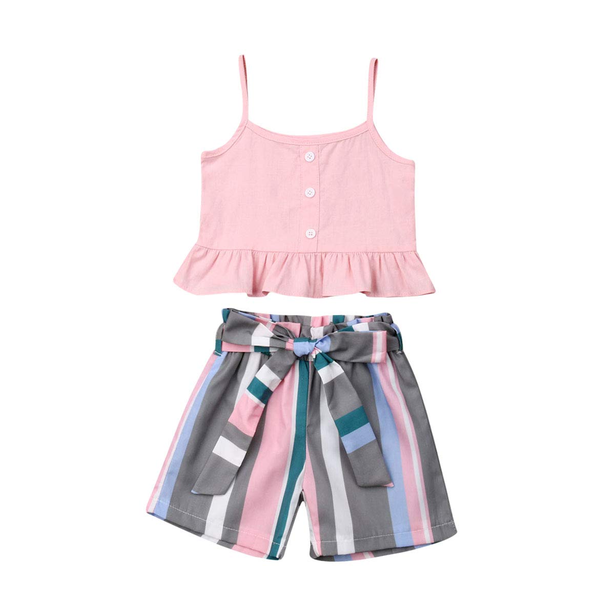 Toddler Girl Denim Outfit Set - Ruffled Crop Top & Shorts With Bow Belt Summer Clothes