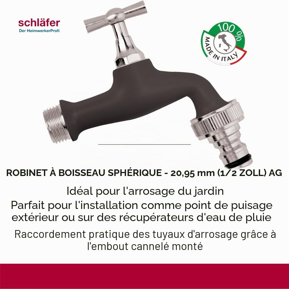Schläfer 435720 - Robinet de jardin coloré 1/2" x 3/4", robinet d'extérieur avec porte-caoutchouc à greffage rapide et levier, noir mat