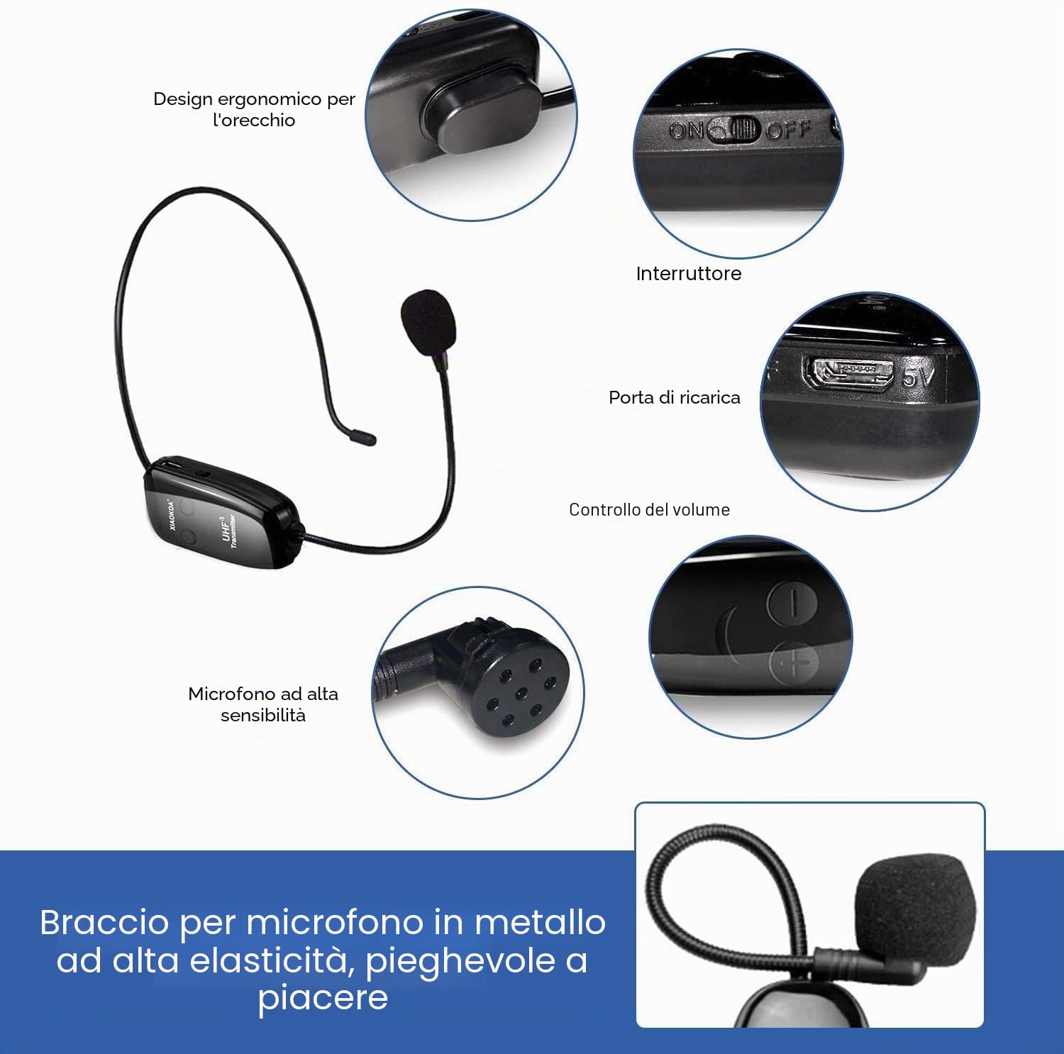 Wireless Microfono,UHF Microfono Senza Fili, 50 m Di Trasmissione Wireless,Archetto e Palmare 2-in-1,per Guida Turistica/Insegnamento/Promozione/Discorso