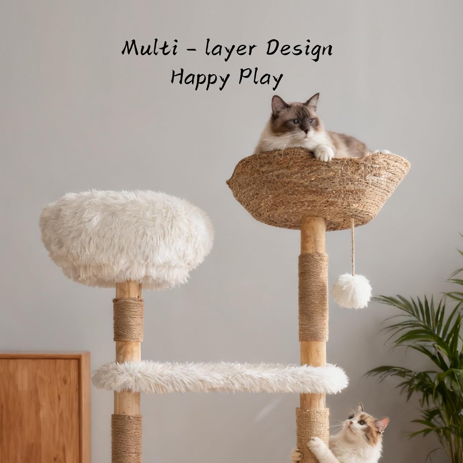 51" Modern Cat Tree Tower for Indoor Cats, Natural Solid Wooden Cat Tower with Sisal Scratching Post, Luxury Cat Furniture with Hand-Woven Natural Rattan Nest for Multi-Cat Households