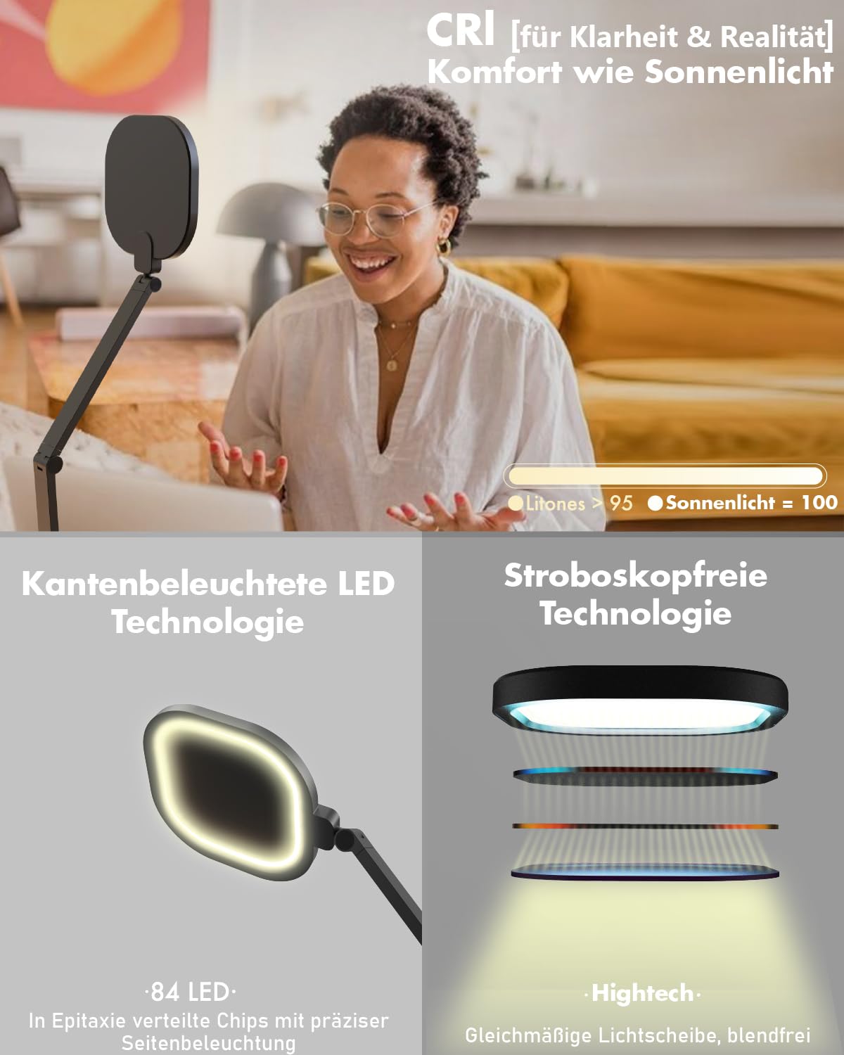 LitONES Schreibtischlampe LED Dimmbare, Augenschutz tageslichtlampe schreibtisch mit 3 Farbmodi und Touch-Steuerung/Memory-Funktion,15W Schwenkarm Bürolampe mit Stecker,Schwarz
