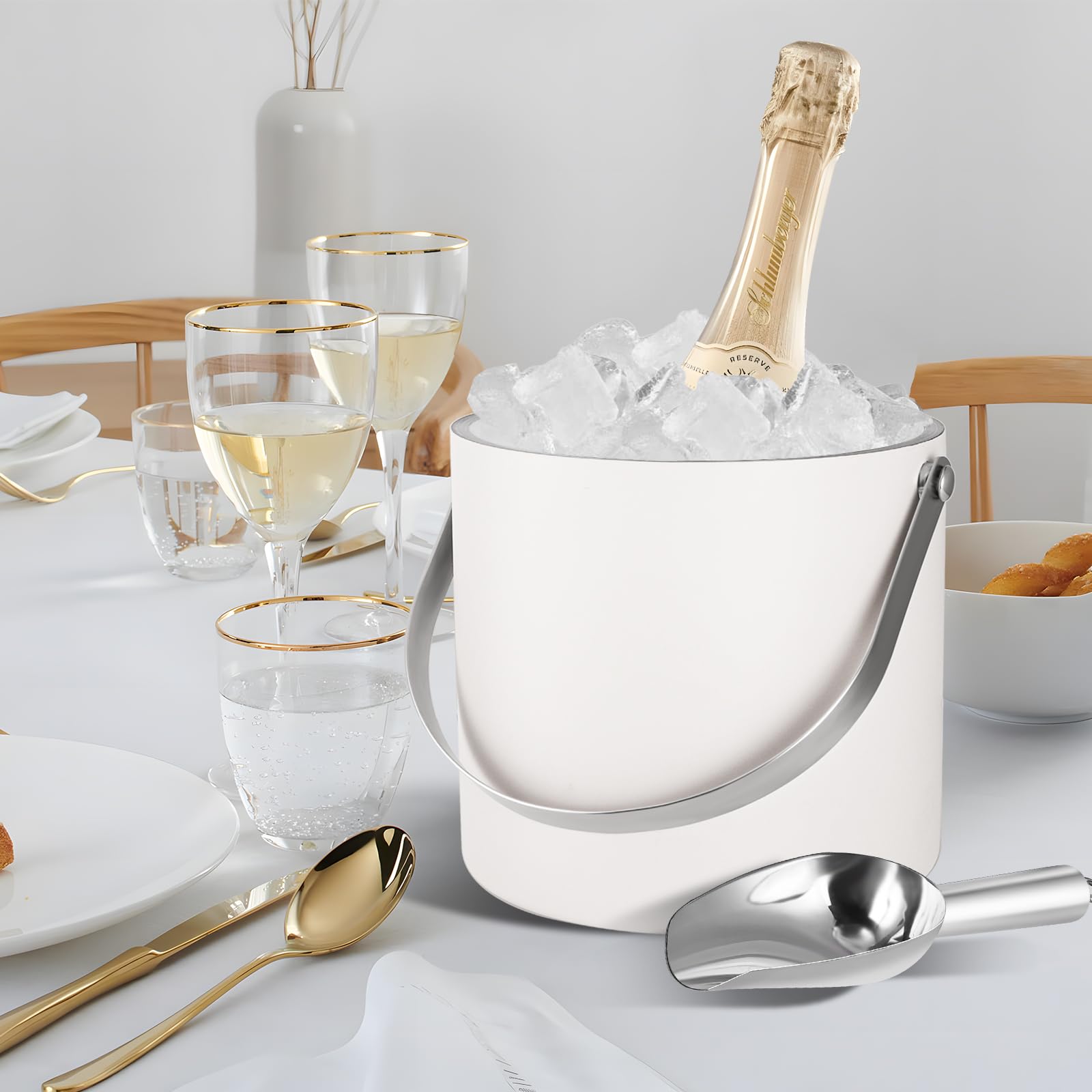 Bakpoco Cubitera de hielo aislada con tapa de silicona, cuchara, pinzas y colador, cubos de hielo de doble pared de acero inoxidable 3L para fiestas y cócteles, cubo de hielo champán con tapa para