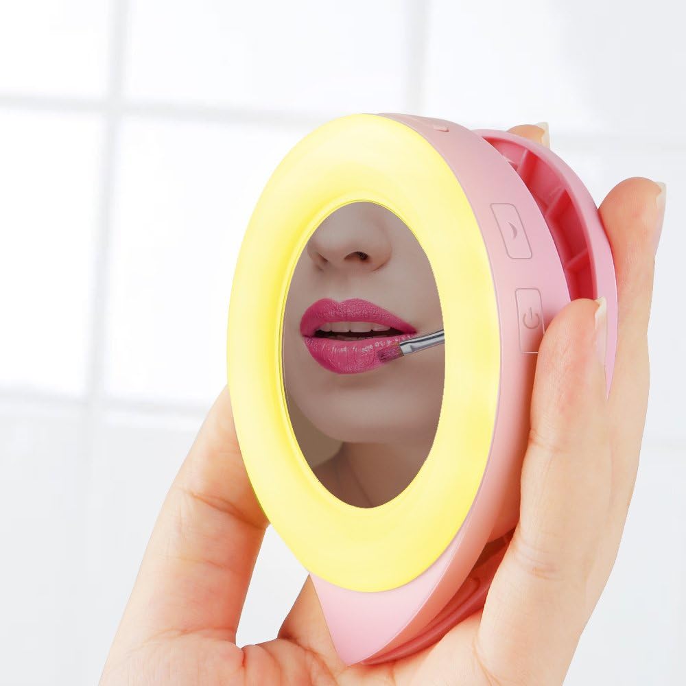 Travel Makeup Mirror With Selfie Ring Light,[700mAh Rechargeable Battery][3 Mode:Makeup+Selfie+Party Flash] LED Light With Fresh Up Mirror for iPhone 7 6 Plus, Samsung Galaxy,Pink