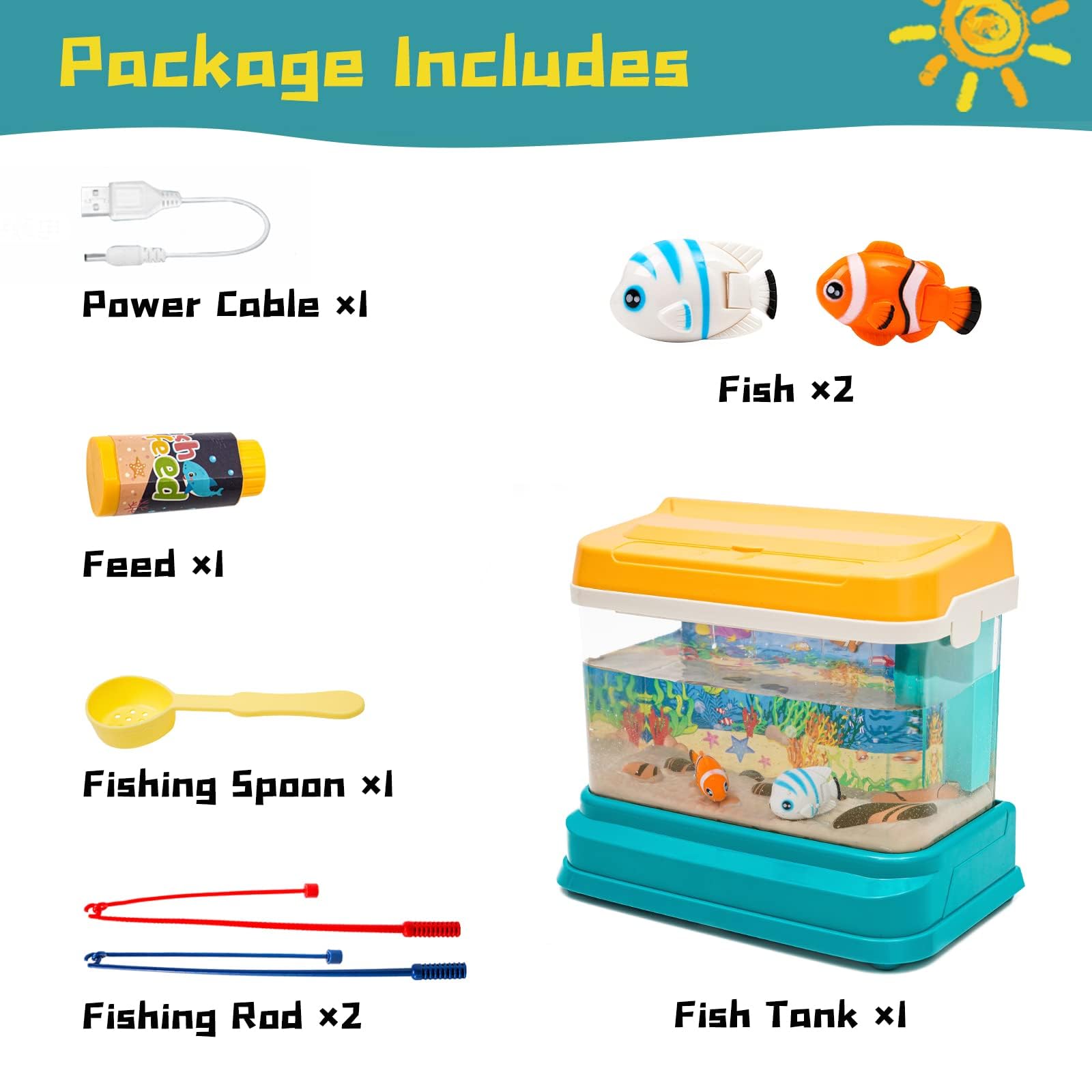 Aquarium Fishing Toy for Kids Mini Aquarium Artificial Fish Tank with Moving Fish*4 Fishing Pole Light and Music Fake Sensory Ocean for 3+ Years Old Toddlers Boys Girls