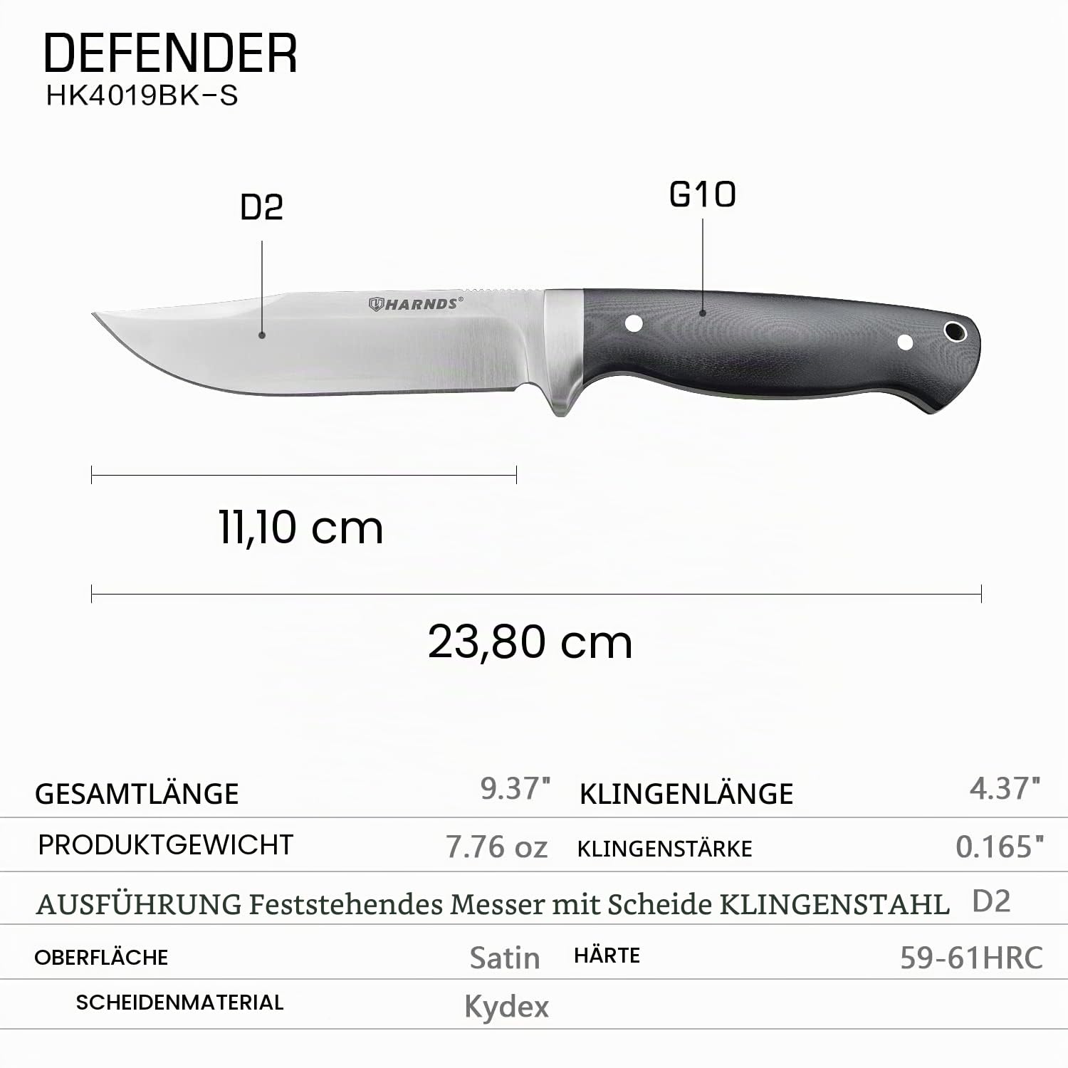 Harnds Defender D2-Stahl Full-Tang Feststehendes Messer Jagdmesser für Camping Outdoor Bushcraft Survival Feststehende Klinge Messer (G10 Griff + Kydex Scheid)