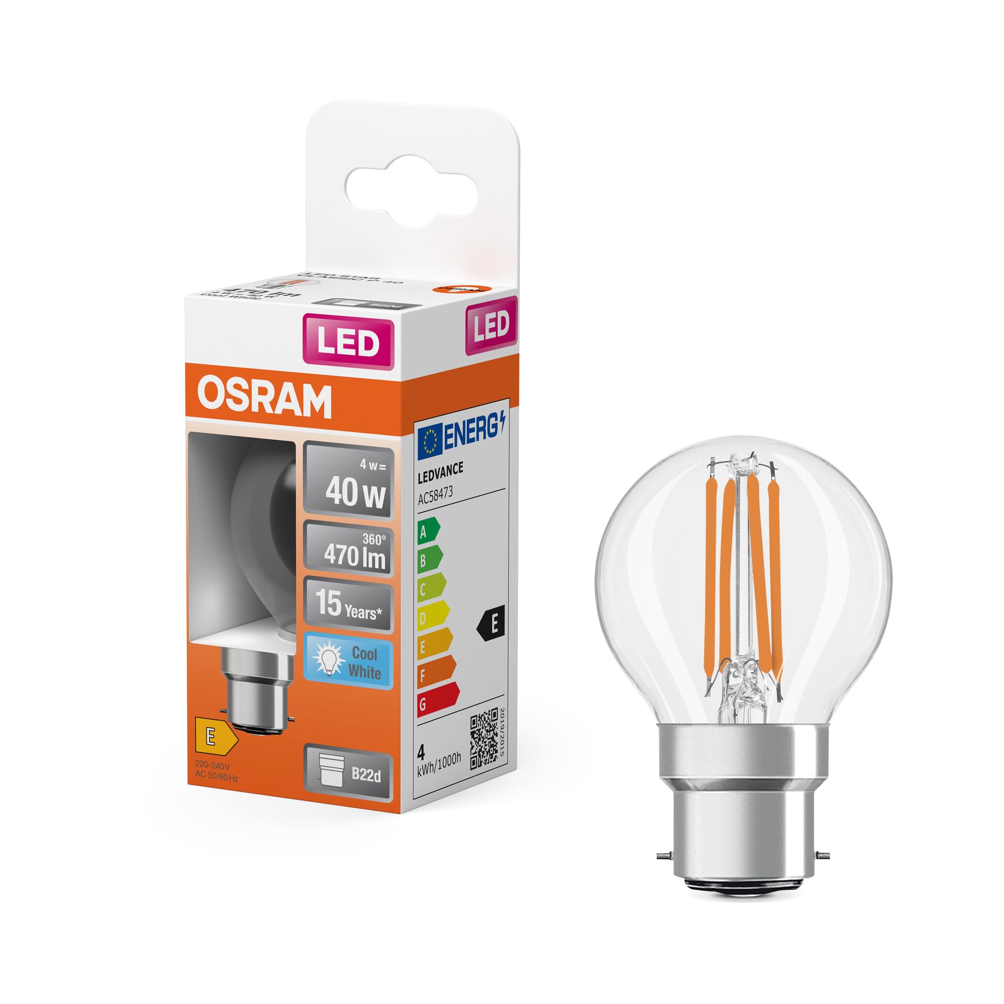 OSRAM LED Star Classic P 40 LED-Lampe in klassischer Miniballform, 4 W / 470 lm, kaltweißes Licht bei 4000 K, CRI 80, aus bleifreiem Klarglas, B22d Sockel, EEK E, 45 mm Durchmesser