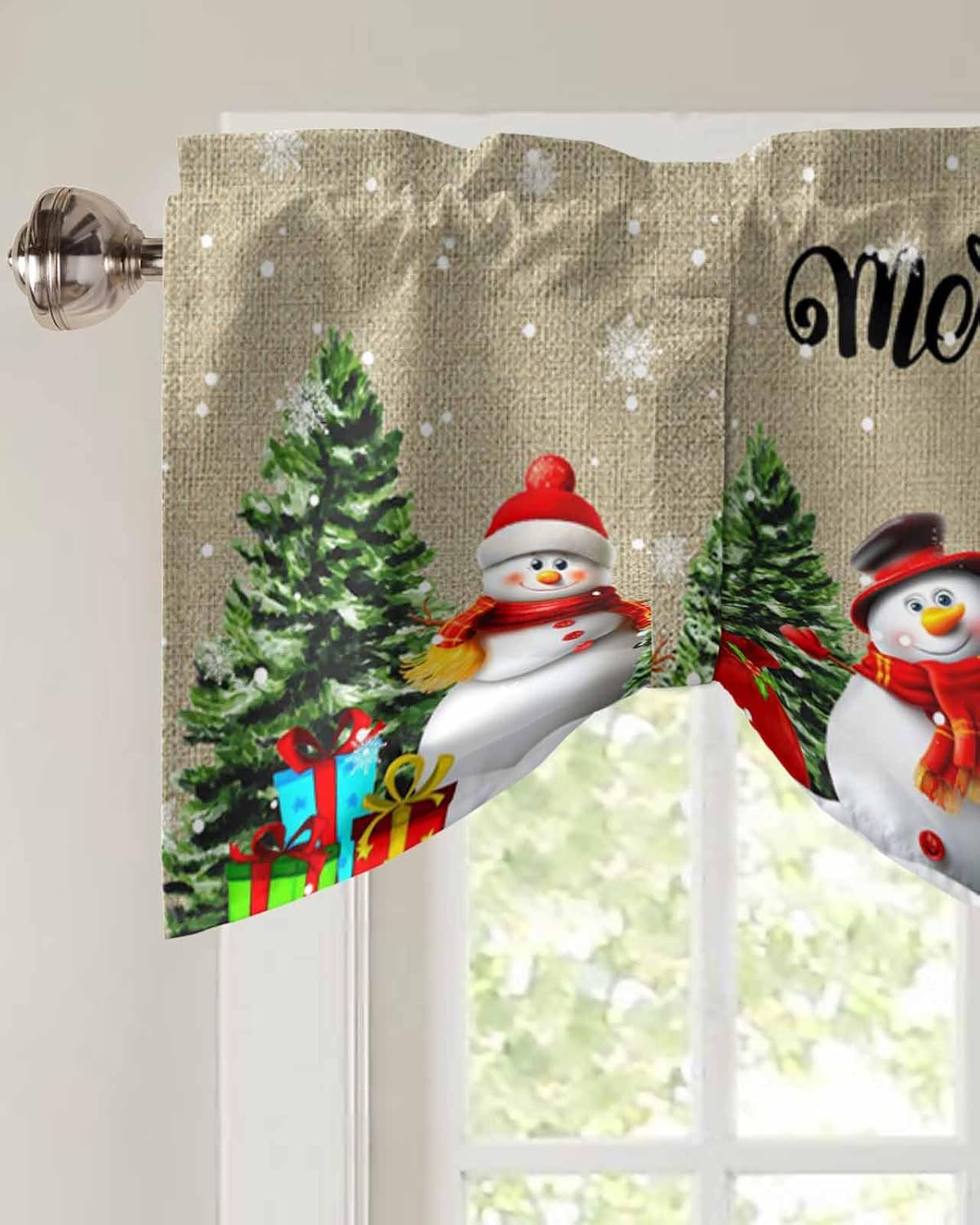 Merry Christmas Tie Up Valance for Kitchen Windows, Snowflake Snowman Xmas Tree Gift Burlap Tie Up Curtains for Living Room, Adjustable Balloon Drape Valence Rod Pocket, 1 Panel, 60" W x 18" L