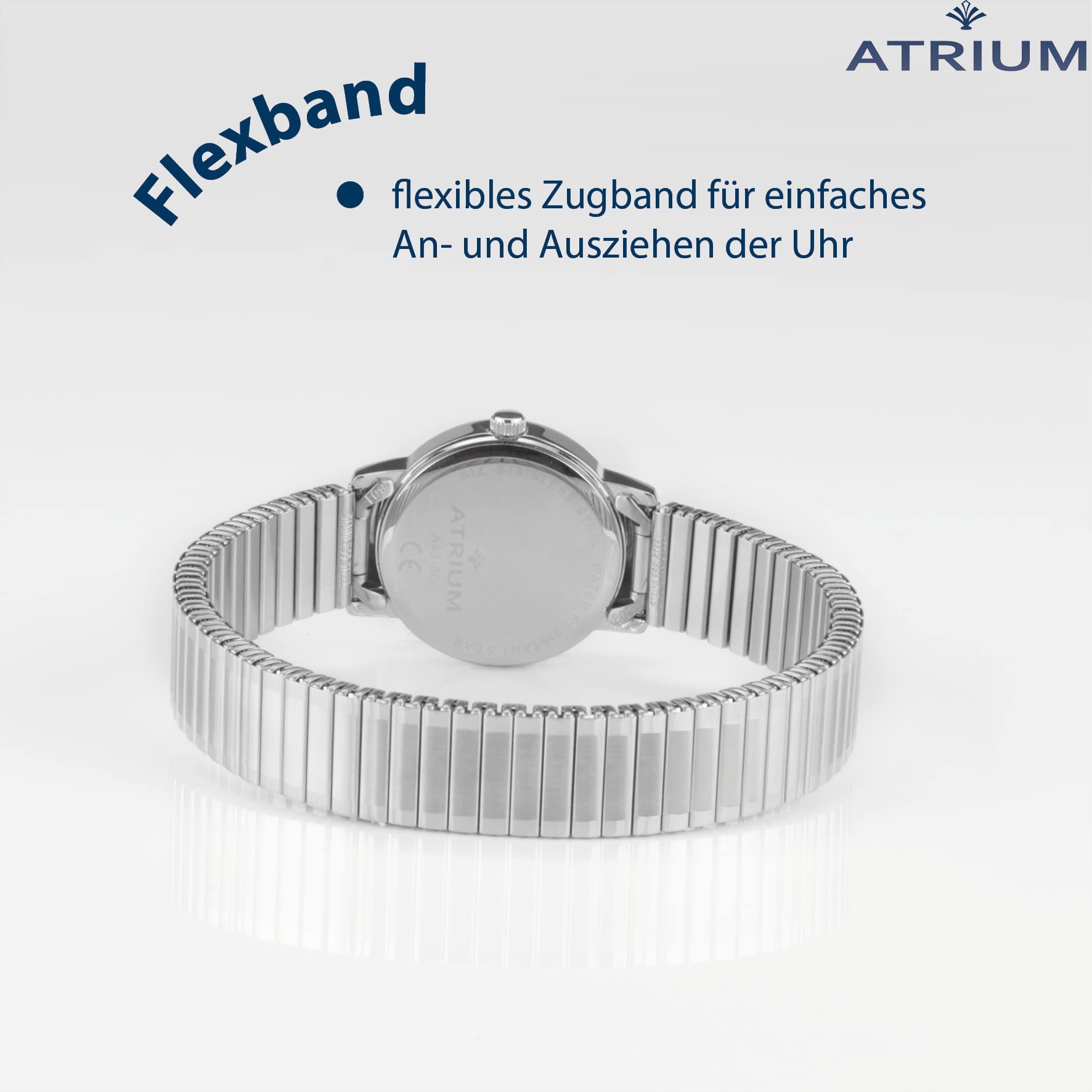 Atrium Damen-Armbanduhr Edelstahl Analog Quarz mit Edelstahl Zugband Flexband Silberfarben A43-50