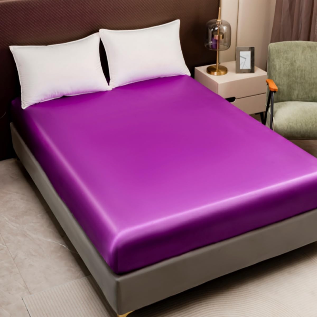 Silky Satin Fitted Sheet Only Classic Luxury Silky Soft Bed Sheets Solid Color (Lavendar, King(150/160x200+30cm))