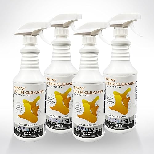 Puri Tech Spa Spray Filter Cleaner 4 Pack Effectively Removes Minerals and Oils from Spa and Hot Tub Filter Cartridges 32oz