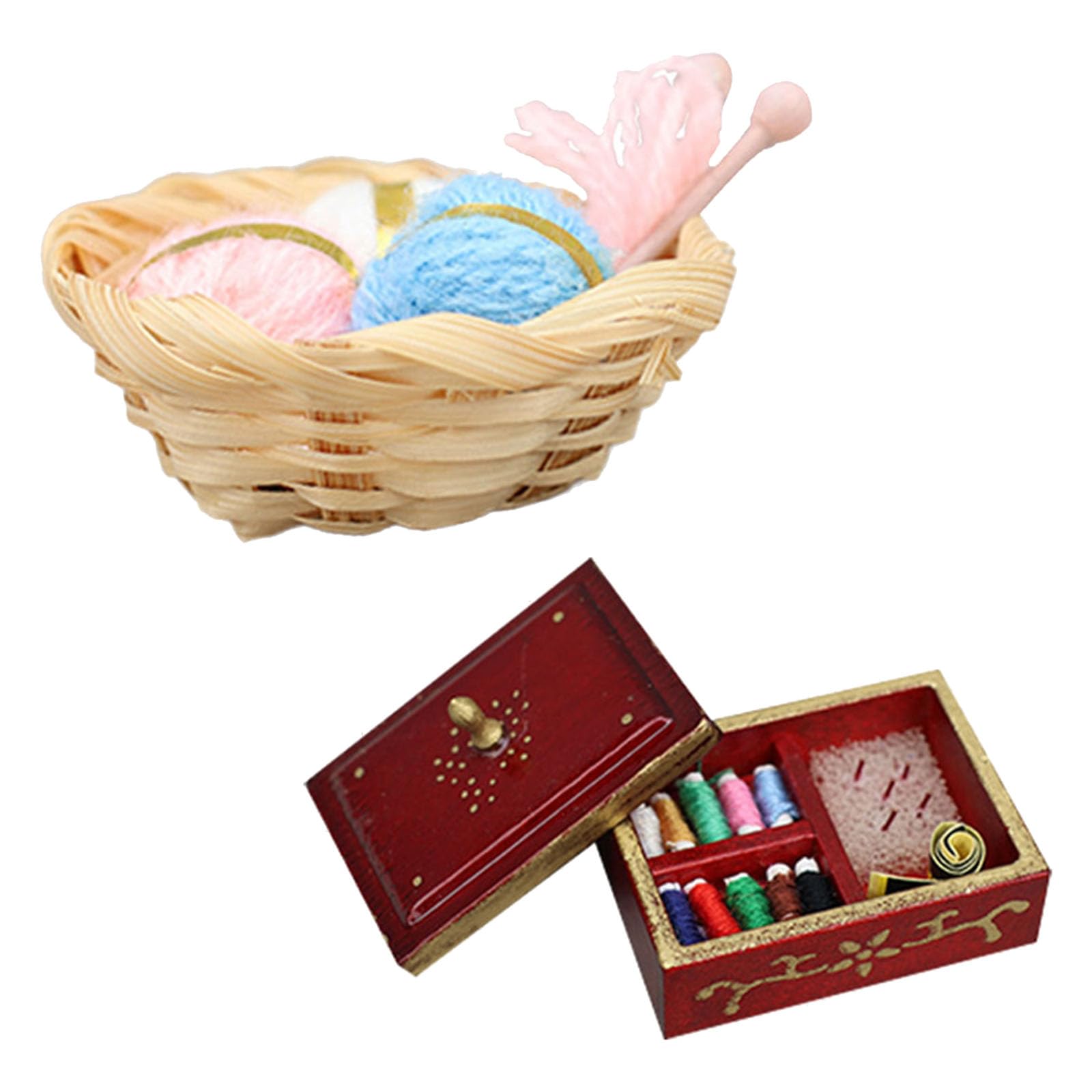 Buxuaaaa 1/12 Scale Dollhouses Sewing Tools Kits with Yarn Roll and Basket for Miniature Scene and Creative Display Decoration Dollhouses Tools for Kids