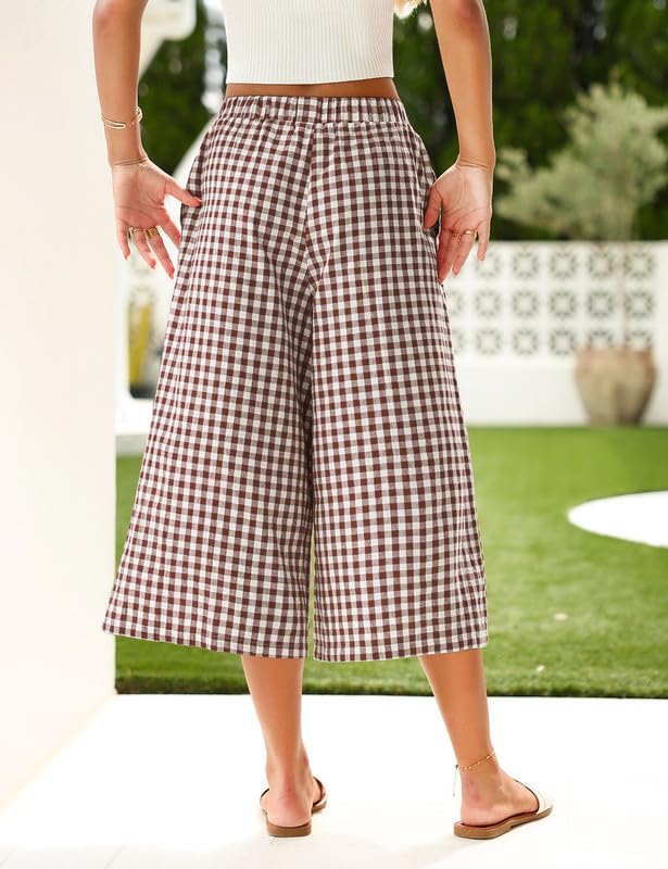 Image of Marvmys Women's Cotton Capri Pants Plaid Gingham Elastic Waist Casual Wide Leg Palazzo Culottes Pants with Pockets S-2XL