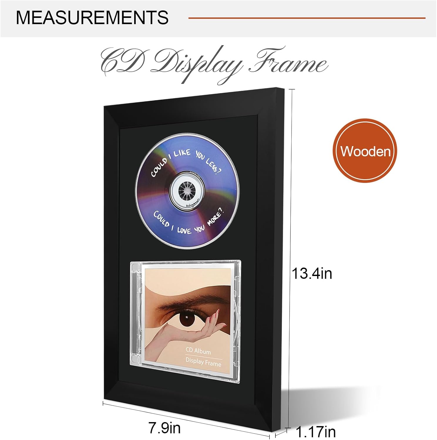 Vertical CD Album Display Frame for Standard Jewel Case and Disc, Wood Frame with Black Flocked EVA Liner, Plexiglass Front, Wall Mount or Tabletop Display, 13.4 x 7.9 in, Black