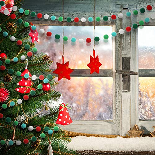 2 Pieces Christmas Felt Ball Garland Pom Pom Garlands Ball Banner For Christmas Party Festivals Decoration (Red, Dark Green, Light Green, White) #TOP4