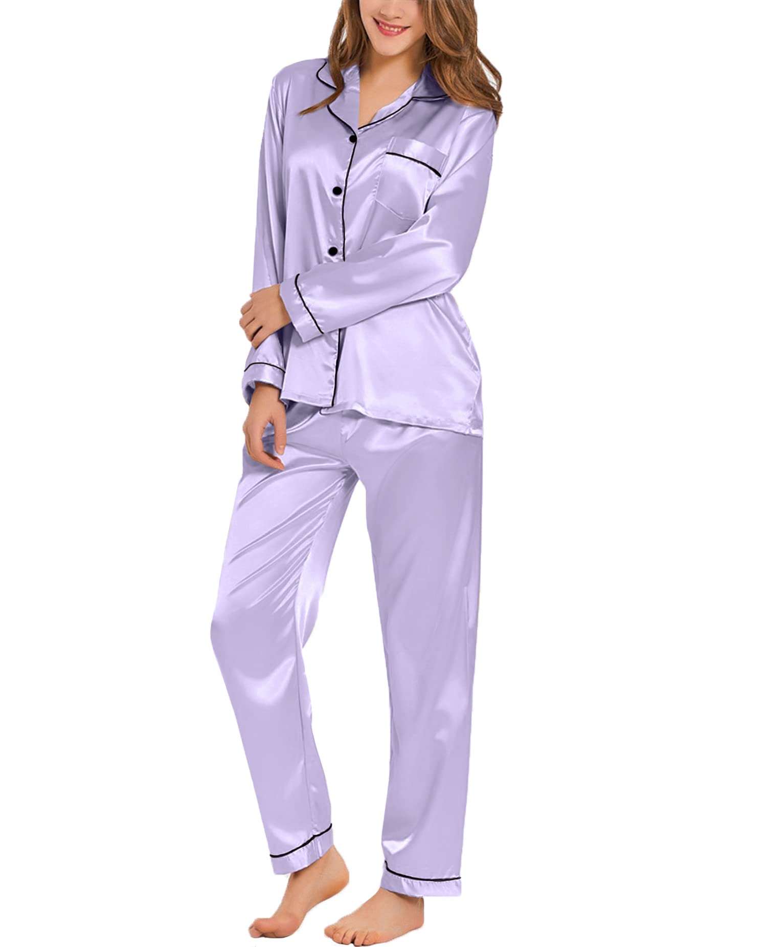 SWOMOG Women's Pyjama Set Silk Satin Long Sleeve Button Down Pyjamas Two Piece Comfy Sleepwear and Loungewear Set Lavender