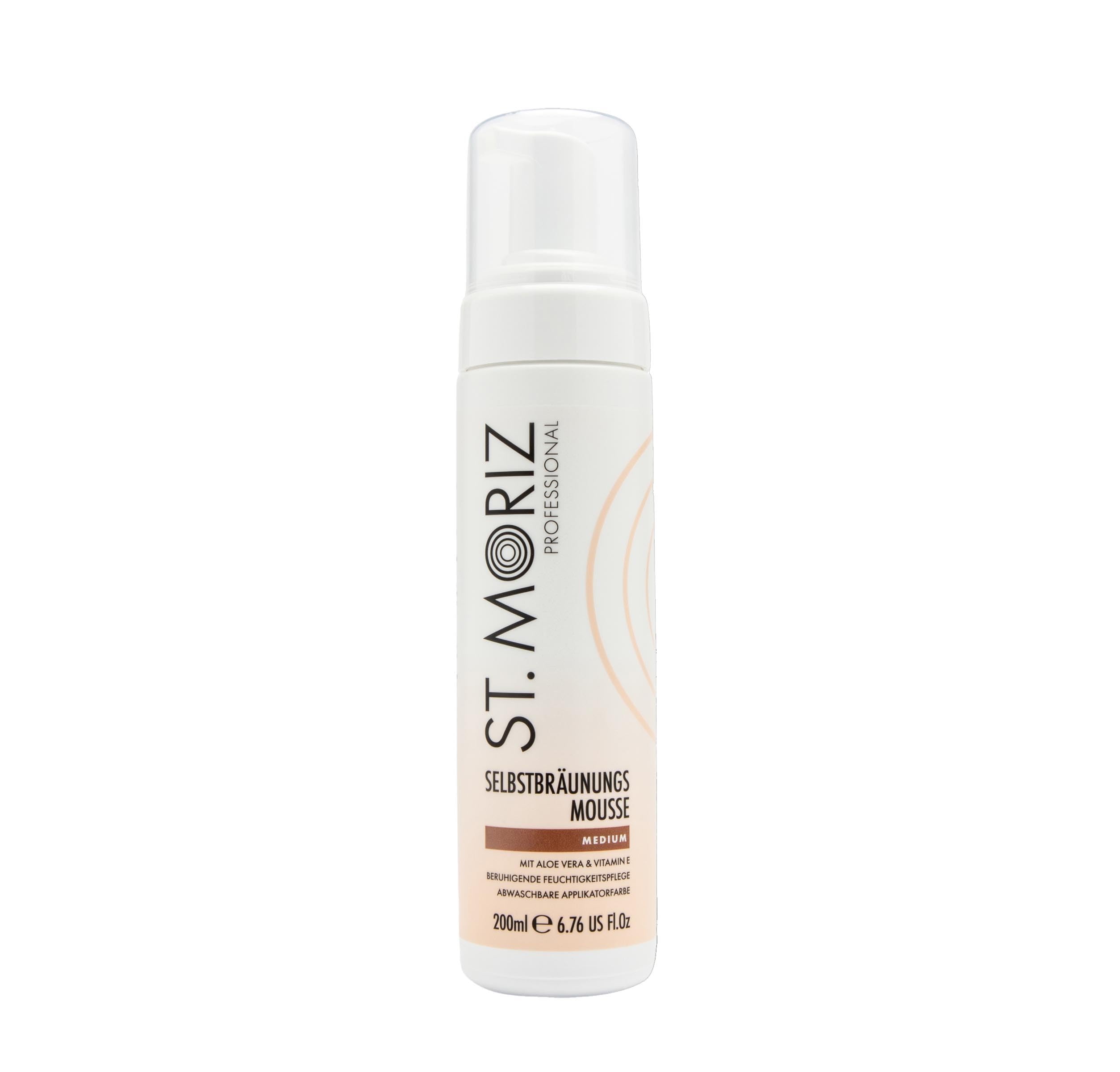 ST. MORIZ Professional Instant Tanning Mousse in Medium – schnelltrocknendes Selbstbräunungsmousse mit Applikatorfarbe – mit Aloe Vera und Vitamin E – Dermatologisch getestet ohne Tierversuche – 200ml