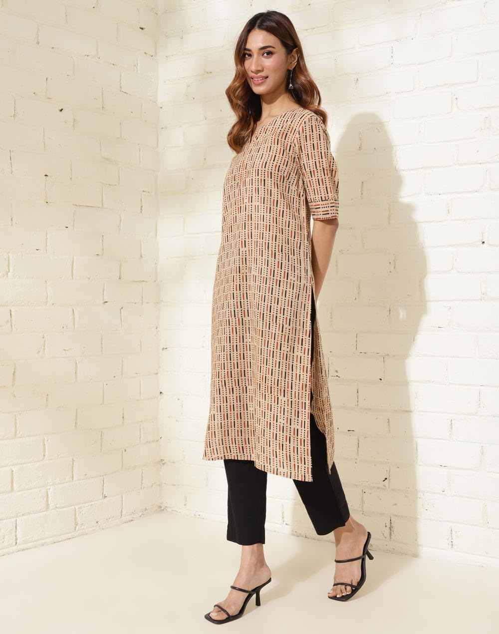 Fabindia Women's Cotton Printed Regular Kurta (1037284Beige_Beige