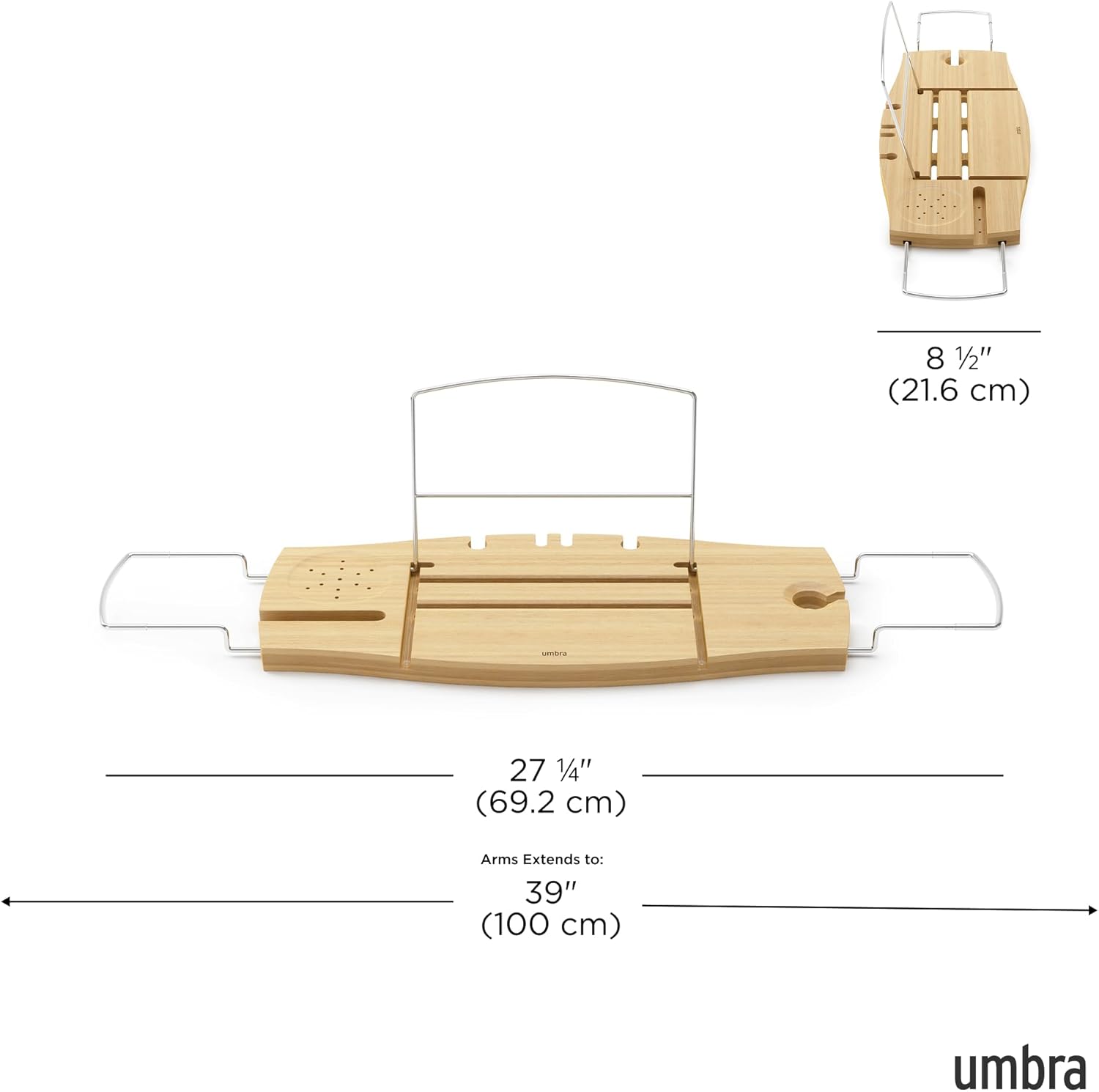 Umbra Aquala Bathtub Tray Extendable Caddy with Book Stand and Wine Glass Holder, Natural