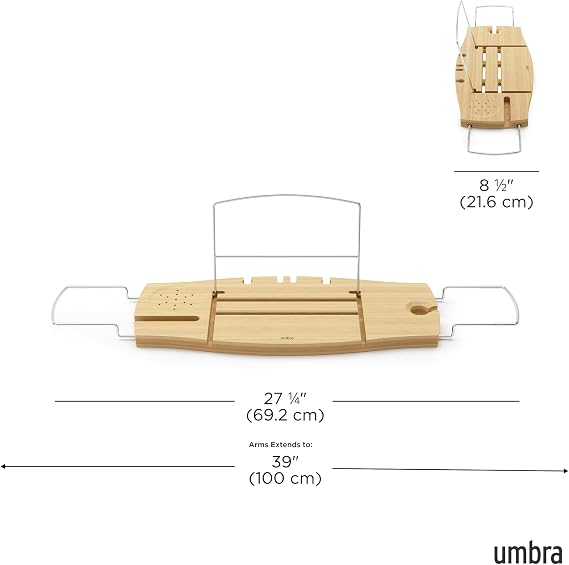 Umbra Aquala Bath Caddy, Extendable Bathtub Tray with Phone Holder, Natural