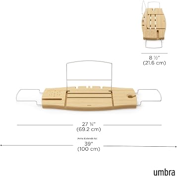 Umbra Aquala Bath Caddy, Extendable Bathtub Tray with Phone Holder, Natural