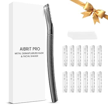 أداة AIBRIT PRO Dermaplaning للوجه، ماكينة حلاقة Dermaplane لزغب الخوخ مع قبضة معدنية، ماكينة حلاقة احترافية للحواجب للنساء، ماكينة حلاقة للوجه للنساء سوداء 12 شفرة قابلة للاستبدال