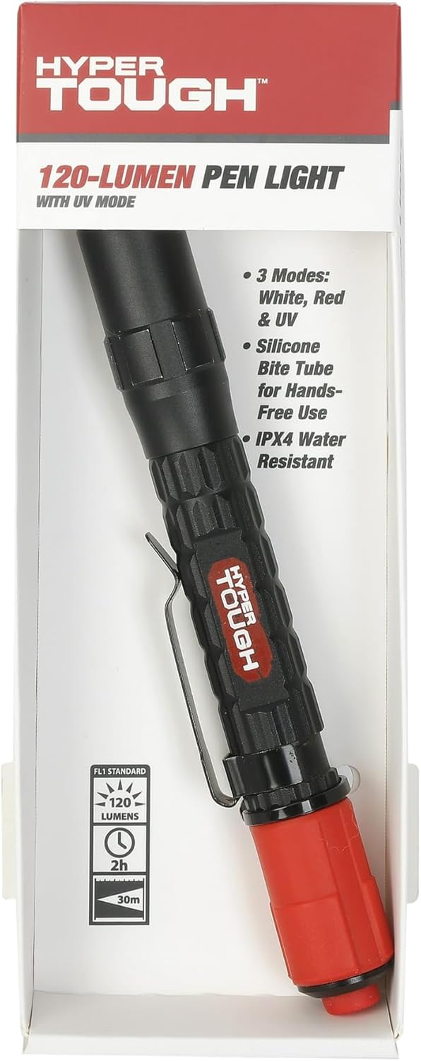 Hyper Tough 120-Lumen Pen Light with Bite Ring & Pocket Clip 2-AAA Batteries Included
