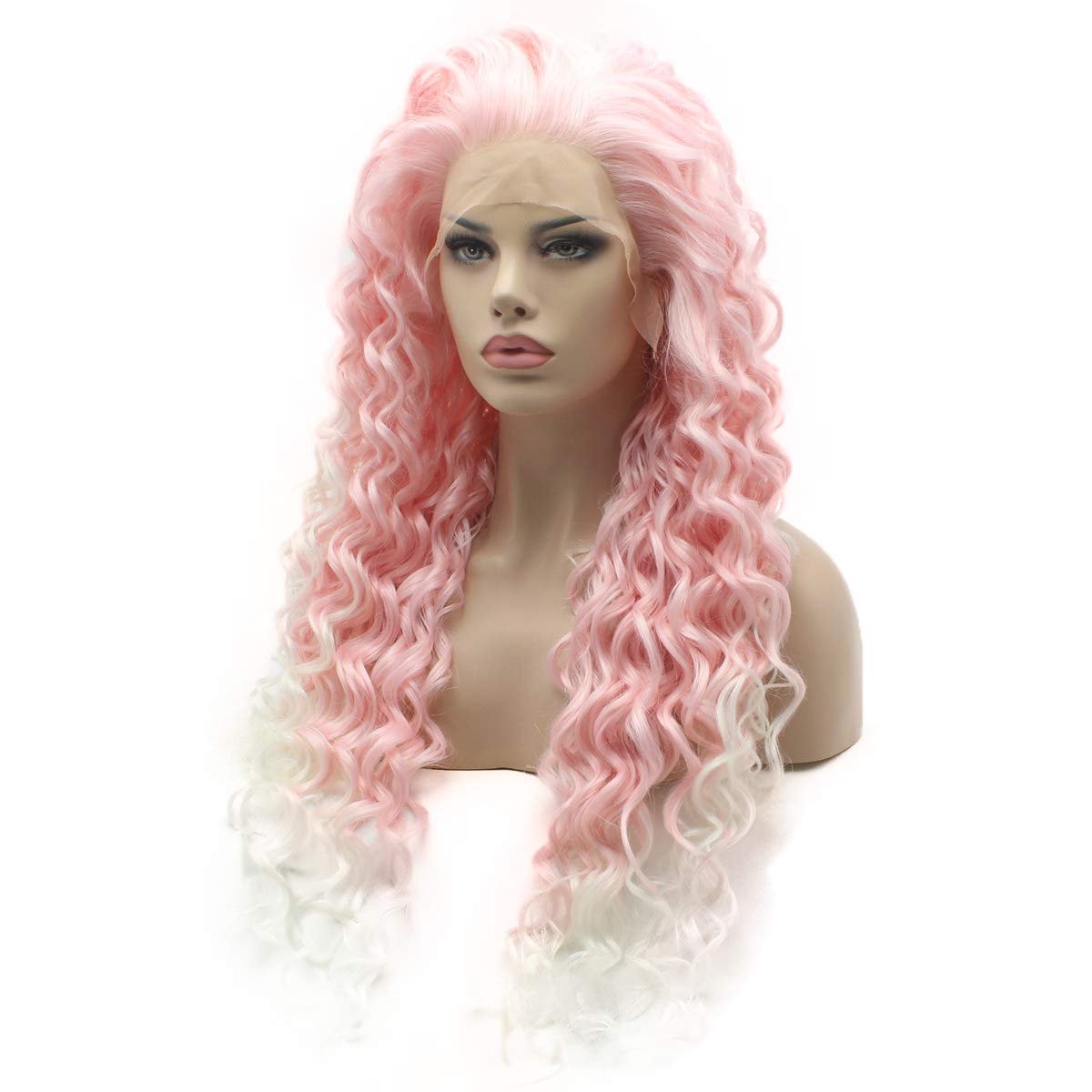 Lushy Long 26inch Curly Pink Root White Ombre Wig Heavy Density Realistic Synthetic Lace Front Wig