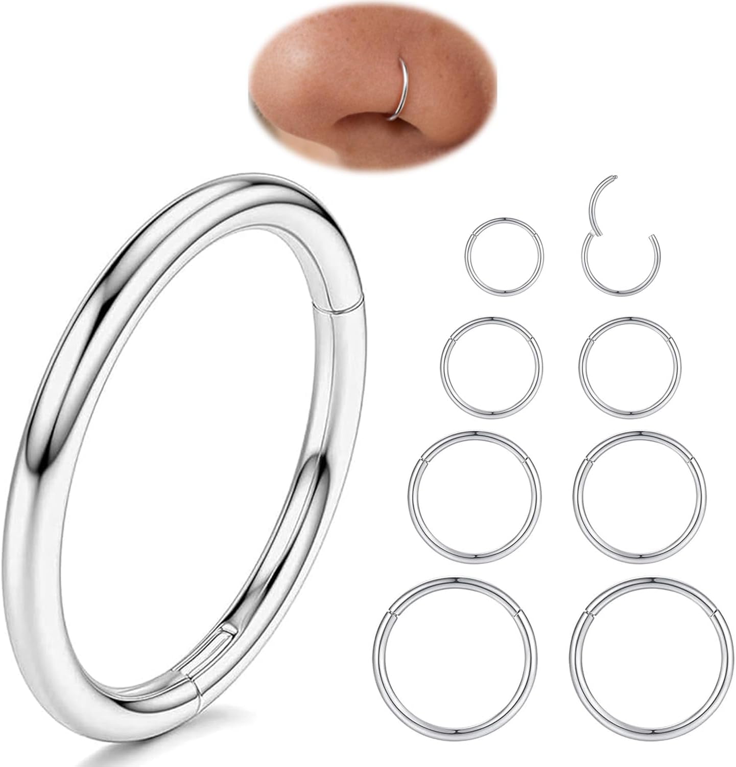 Nose Rings 20G 18G 16G 316L Surgical Steel Hinged Clicker Segment Nose Hoop Helix Cartilage Daith Tragus Sleeper Earrings Body Lip Piercing Jewelry for Women Men 6mm 7mm 8mm 10mm 12mm