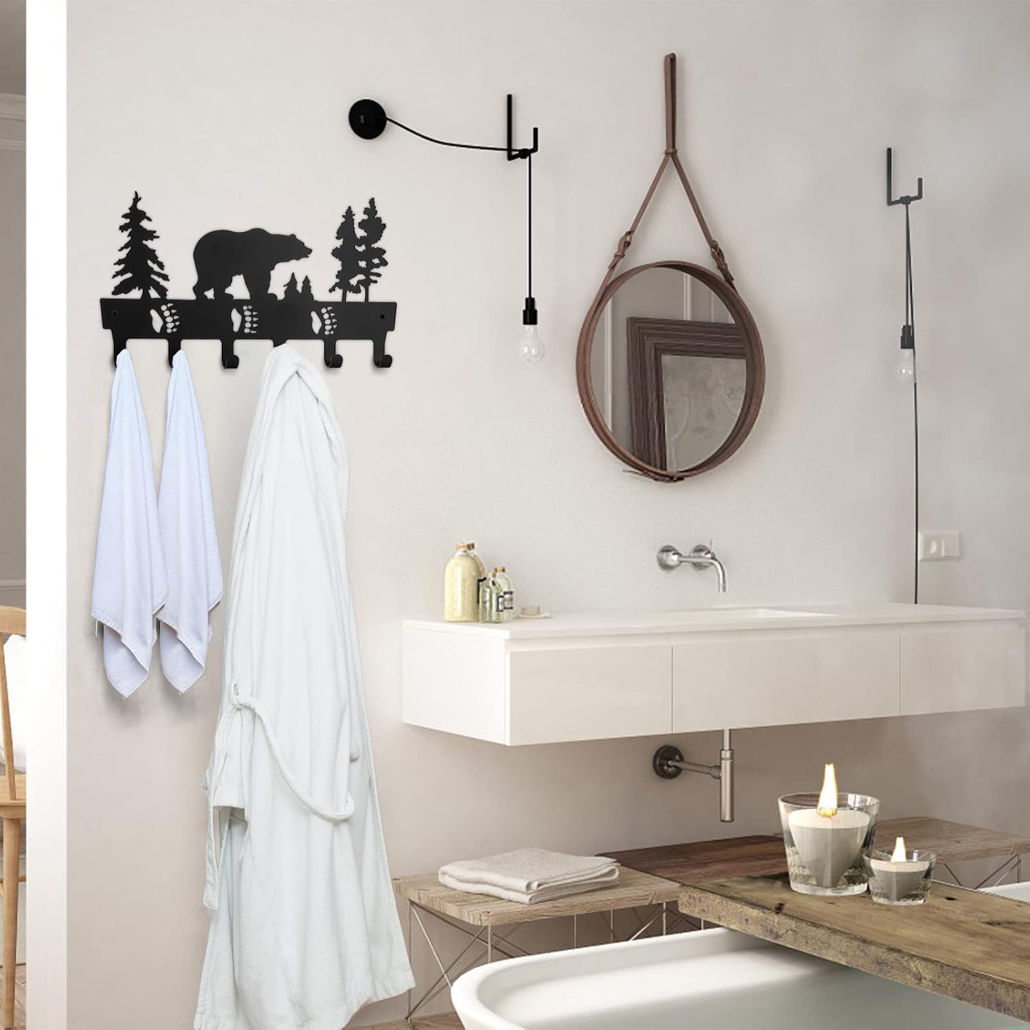 Suwimut Coat Rack Wall Mount with 6 Hooks, Bear Design Black Metal Wall Hook Key Holder for Hanging, Decorative Animal Theme Coat Hook for Towel, Clothes, Hat, Bathroom, Entryway, Home, Bedroom