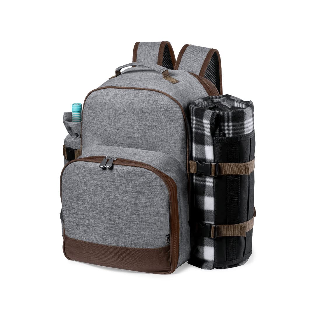 Mochila de picnic gris grande con accesorios completos para 4 personas fabricada en PET reciclado de notrash2003