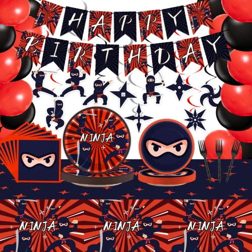 162 Pcs Ninja Birthday Party Decoration Set Ninja Warrior Party Supplies Kit Includes Karate Master Tableware Tablecloth Hanging Banners Foil Swirls Cutouts Balloons for Kids Boys Karate Party Favors