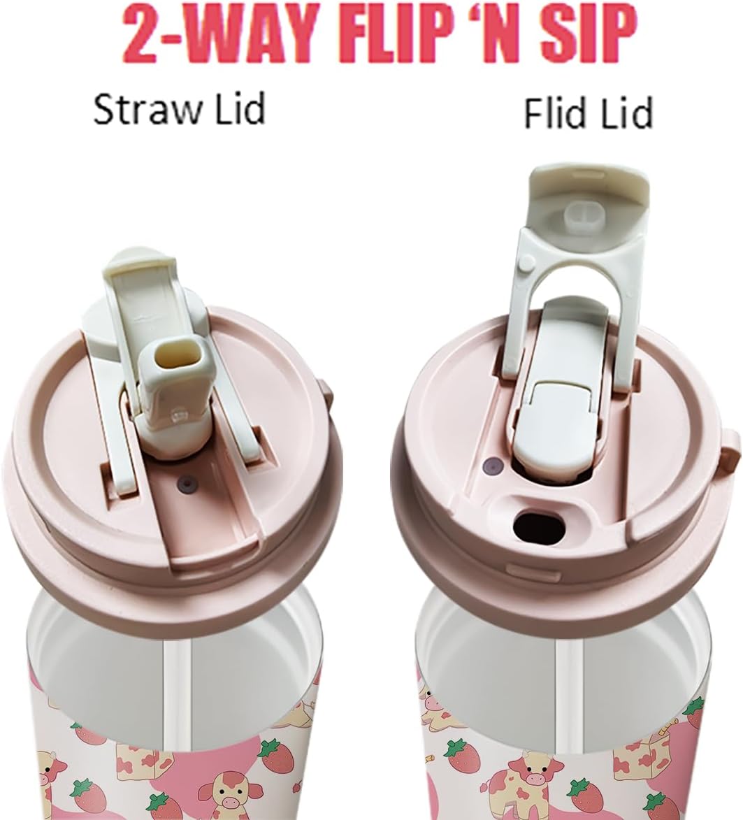 18oz Cute Cow Coffee Mug Travel Cups with Lid and Flip Straw, Pink Stainless Steel Insulated Tumbler Water Bottle with Strap, Gifts for Women Animal Lovers - Image 3