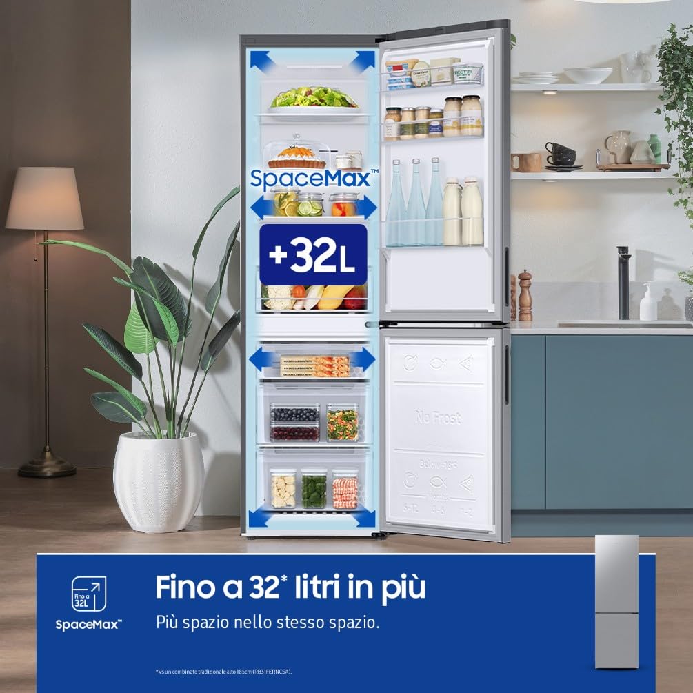 Samsung Frigorifero Combinato Ecoflex RB33B610ESA/EF, Libera installazione, SpaceMax, Total No Frost, All Around Cooling, Motore Digital Inverter, 344 L, LXAxP: 59,5 x 185 x 66 cm, Silver Inox