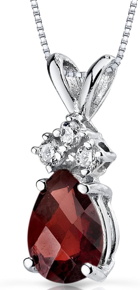 PEORA Garnet with Genuine Diamonds Pendant in 14 Karat White Gold, Dainty Teardrop Solitaire, Pear Shape, 7x5mm, 1 Carat total, Sparkling V-Day Gift, Valentine's Gift for Her, Wife, Sister