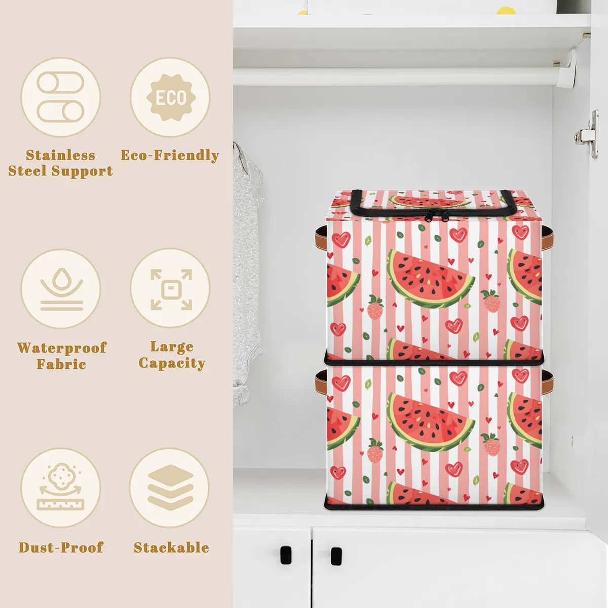 Cute Watermelon Fruit Collapsible Stackable Storage Bins with Lids Fabric Closet Organizer for Clothes, Toys, Blankets and Home Storage