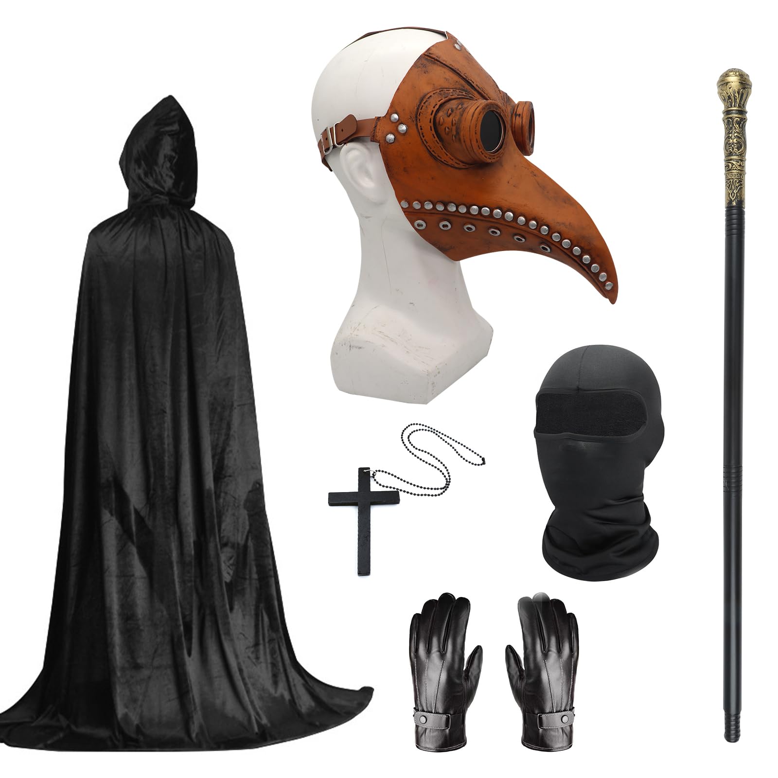 Plague Doctor Costume Set, Halloween Mask Long Nose Beak Mask Black with Black Hooded Cloak Cross Necklace Gloves Cane Full Face Mask for Halloween Party, Punk Carnival, Masquerade
