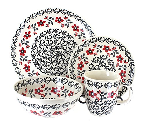 Blue Rose Polish Pottery - Red Scarlett Ivy 4 Piece Place Setting - Service for 1-1 Place Setting - Great for Everyday Dining, Casual Dining, or as Formal Dinnerware