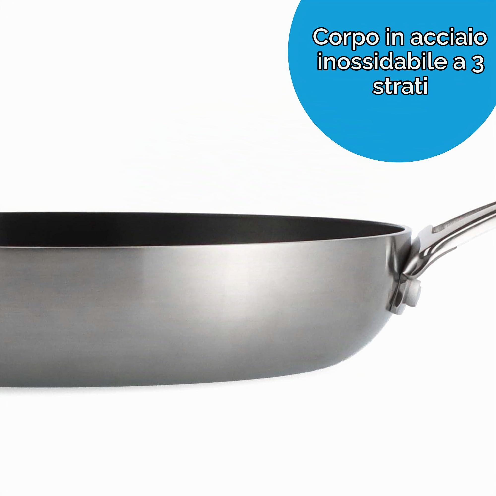 BK Intelligence Padella in Acciaio Inox con Rivestimento Antiaderente in Ceramica Senza PFAS, 28 cm, Induzione, Maniglia Fredda, Lavabile in Lavastoviglie, Sicuro al Forno, Argento e Nero