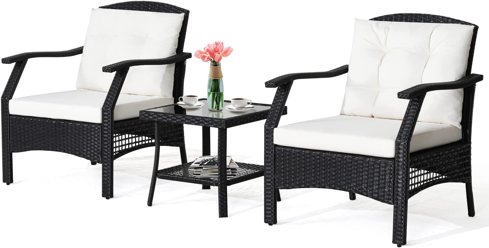 RELAX4LIFE 3PCS/4PCS Outdoor Furniture Set, Rattan Conversation Set Garden Table and Chairs Set with Cushion, Patio Sofa Set Wicker Conservatory Set for Backyard Poolside Lawn (3PCS-Without Loveseat)