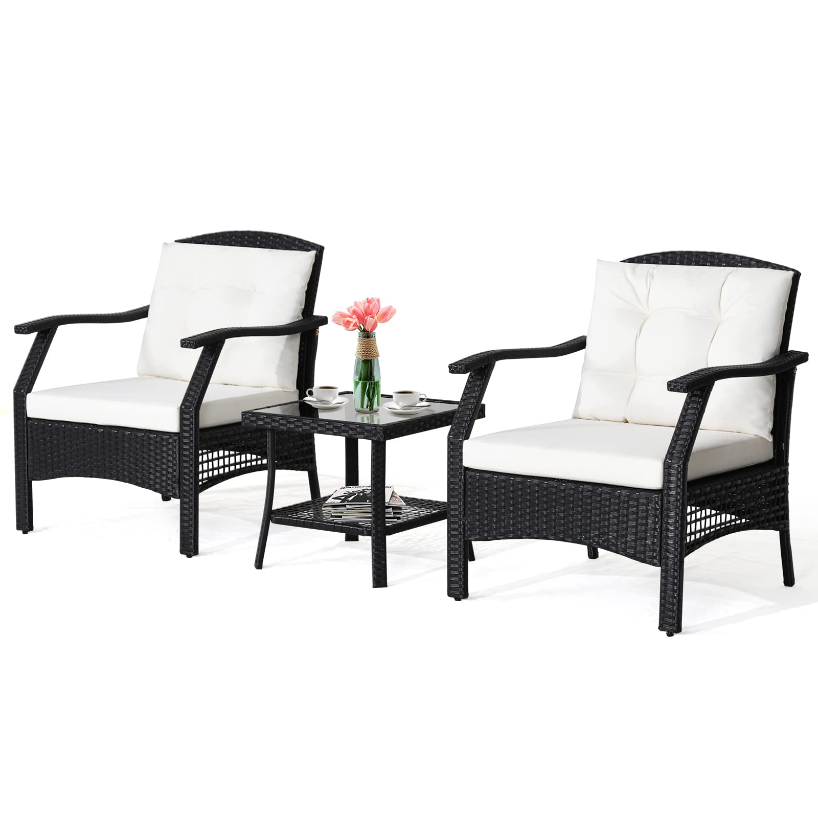 RELAX4LIFE 3PCS/4PCS Outdoor Furniture Set, Rattan Conversation Set Garden Table and Chairs Set with Cushion, Patio Sofa Set Wicker Conservatory Set for Backyard Poolside Lawn (3PCS-Without Loveseat)