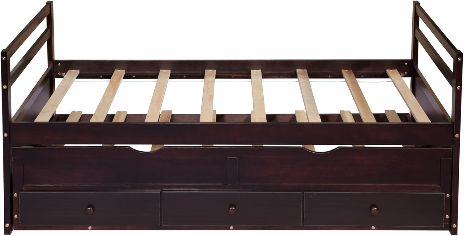 Twin Bed with Trundle and Drawers,Platform Bed with Headboard and Footboard,Twin Captains Bed with Storage for Kids,No Box Spring Needed-Espresso