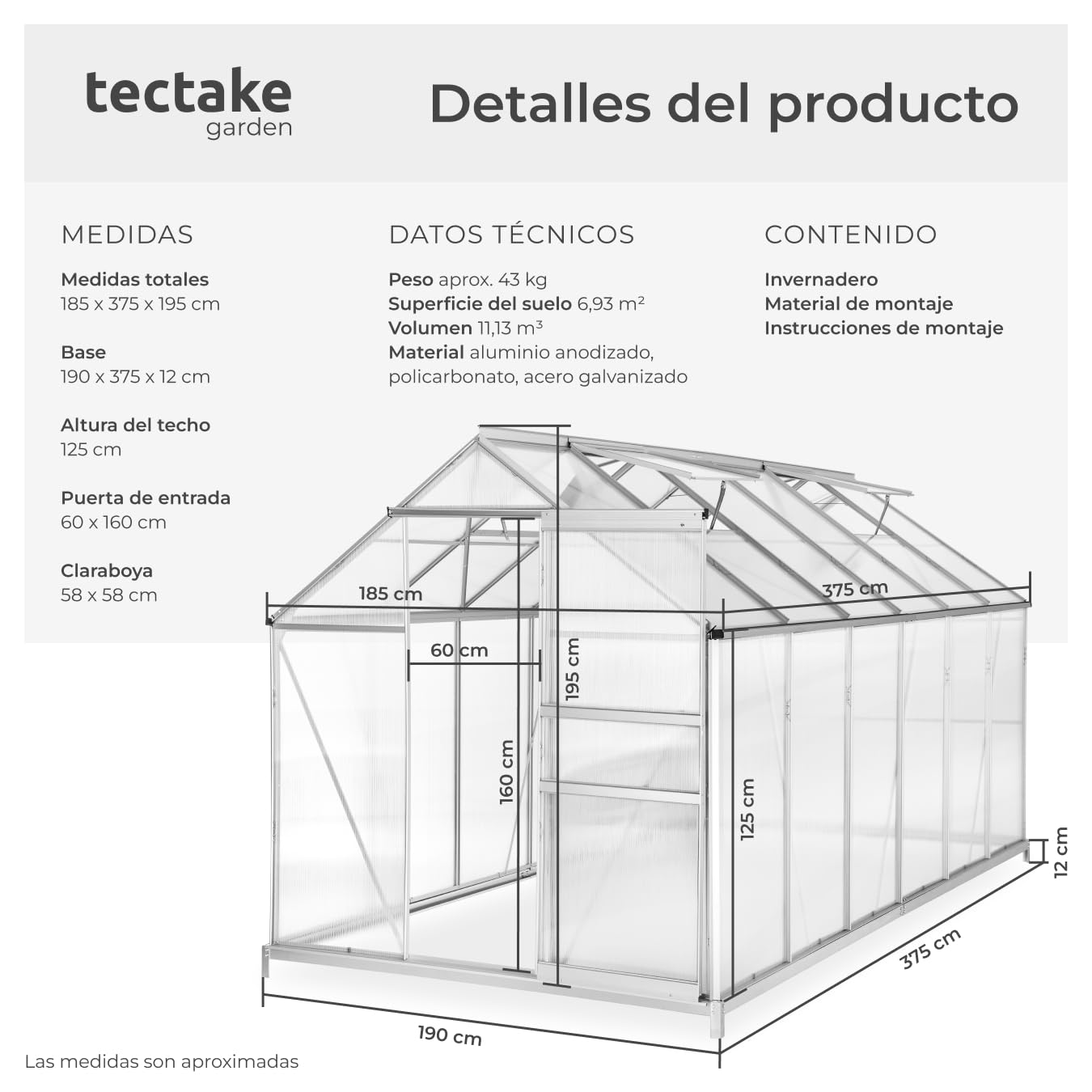 tectake Invernadero de Jardín de Aluminio y Policarbonato, Caseta Jardín Exterior 375x185x195, Vivero Huerto Casero 6,93m³, Invernadero Terraza para Cultivo de Plantas, con Base